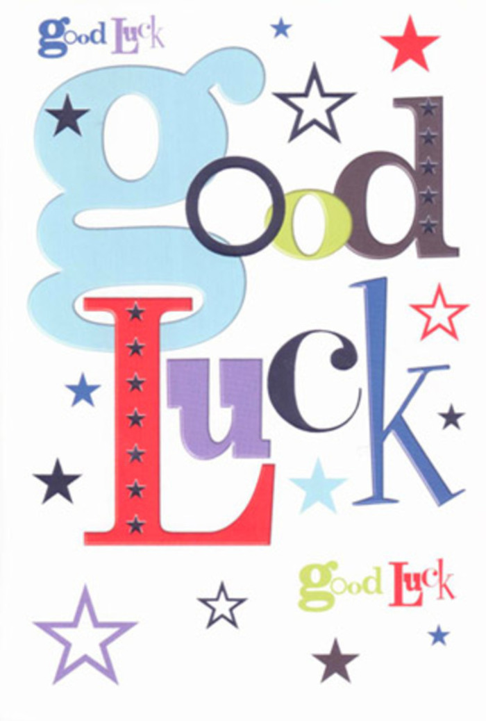 The good luck card in this image feels like a small piece of street art translated into stationery, its design echoing the creative, slightly bohemian character of Hackney Marshes. Set against a pure, bright white background, the words Good Luck are scattered in a loose, almost improvised arrangement, as if the letters have drifted into place on a gentle breeze coming off the River Lea. Each letter has its own distinct style: a wide, rounded g in baby blue that anchors the phrase; upright blocks of rich crimson and moss green providing a joyful, energetic beat; deep violets and midnight blacks adding depth and a touch of sophistication, reminiscent of evening shadows along the towpath. Between these letters, a constellation of stars spills across the page, from bold, sharply defined shapes in navy and indigo to softer, hazy stars in sky-blue, lilac, and faded lavender, creating a sense of movement and whimsical possibility. Some stars are tiny pinpricks, others more like playful bursts, suggesting that luck might be found in both grand gestures and quiet moments. The cardstock looks smooth and high-quality, with a slight sheen that catches the light but never glares, like a well-chosen paper for a bespoke greeting in a local flower studio. You can almost imagine the faint texture under your fingertips as you hold it, the corners crisp yet inviting. Emotionally, the card radiates encouragement and optimism, ideal to slip alongside a bouquet delivered to a new home in Leyton, or to accompany congratulations on a promotion near London Fields. More than just typography and stars, the design feels like a gentle chorus of friends and neighbours saying, We're behind you, ready to travel wherever the recipient's next adventure leads.