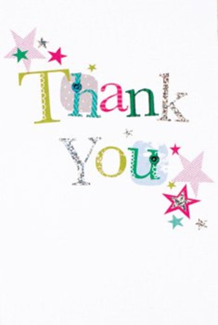 Graceful and exuberant, the 'Thank You' on this card feels like a personal note of thanks echoing across the open fields of Hackney Marshes. Each letter seems to sing its own melody: whimsical curves, playful spots, and elegant lines, echoing the variety and richness of wild blooms along the River Lea. Clusters of stars-in striped pinks, bold turquoise, and soft silver-gather around the wording, bestowing a sense of bright celebration. The composition's modern, airy feel is enhanced by stardust-like accents that dance across the card's crisp white surface-much like sunlight flickering over Hackney's waterways. There's understated refinement here, with design details straddling formal and casual, perfect for expressing warmth in any context. This card would rest beautifully beside a fresh bouquet designed in Hackney Marshes-its cheerful sentiment and handcrafted textures a fitting echo to the sincerity and creativity embedded in each local floral delivery.