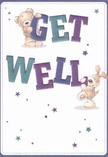 Brimming with warmth and playful hope, this illustrated get well card beautifully channels the friendly spirit of Hackney Marshes. Front and centre, a fuzzy teddy bear and a floppy-eared puppy work together to balance the vibrant 'Get Well' letters, each character naturally expressive and endearing. The oversized text, painted in jewel-toned indigo and teal, stands bright against a creamy white background, carrying a cheerful vibrancy reminiscent of the local markets along Chatsworth Road. Across the design, twinkling stars in purple and blue drift softly, lending an air of optimism and quiet celebration. The suggestion of touch in the fluffy fur and velvety ears is both soothing and uplifting, much like receiving a lovingly prepared bouquet straight from a Hackney florist. The entire scene radiates gentle positivity-intended to comfort, encourage, and send a hug in card form to anyone needing a lift within the welcoming community of Hackney Marshes.
